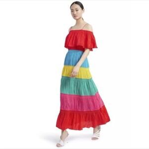 Alice + Olivia Rainbow Dress Color Block Smocked Tiered Cold Shoulder Lined Maxi